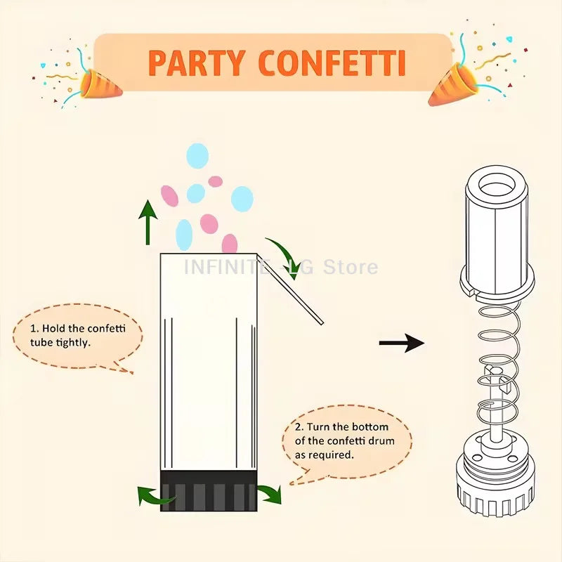 Illustration showing how to use a confetti tube to dispense party confetti.