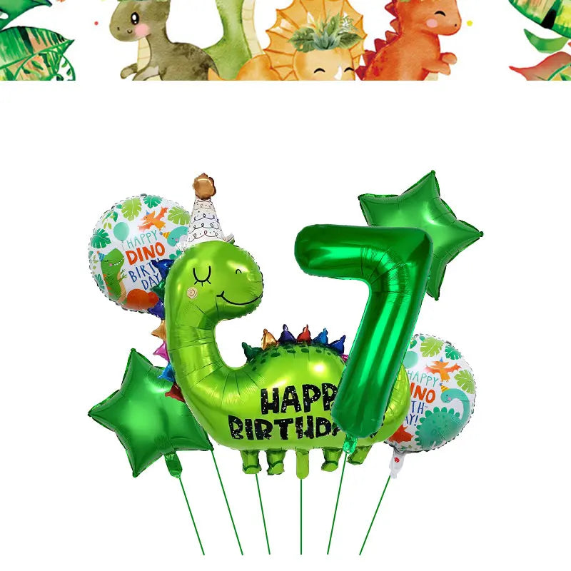 Green dinosaur themed birthday party supplies kit featuring balloons, banner, and cake topper
