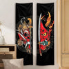 Vertical tapestry featuring a red and black Japanese Oni demon samurai sword design.