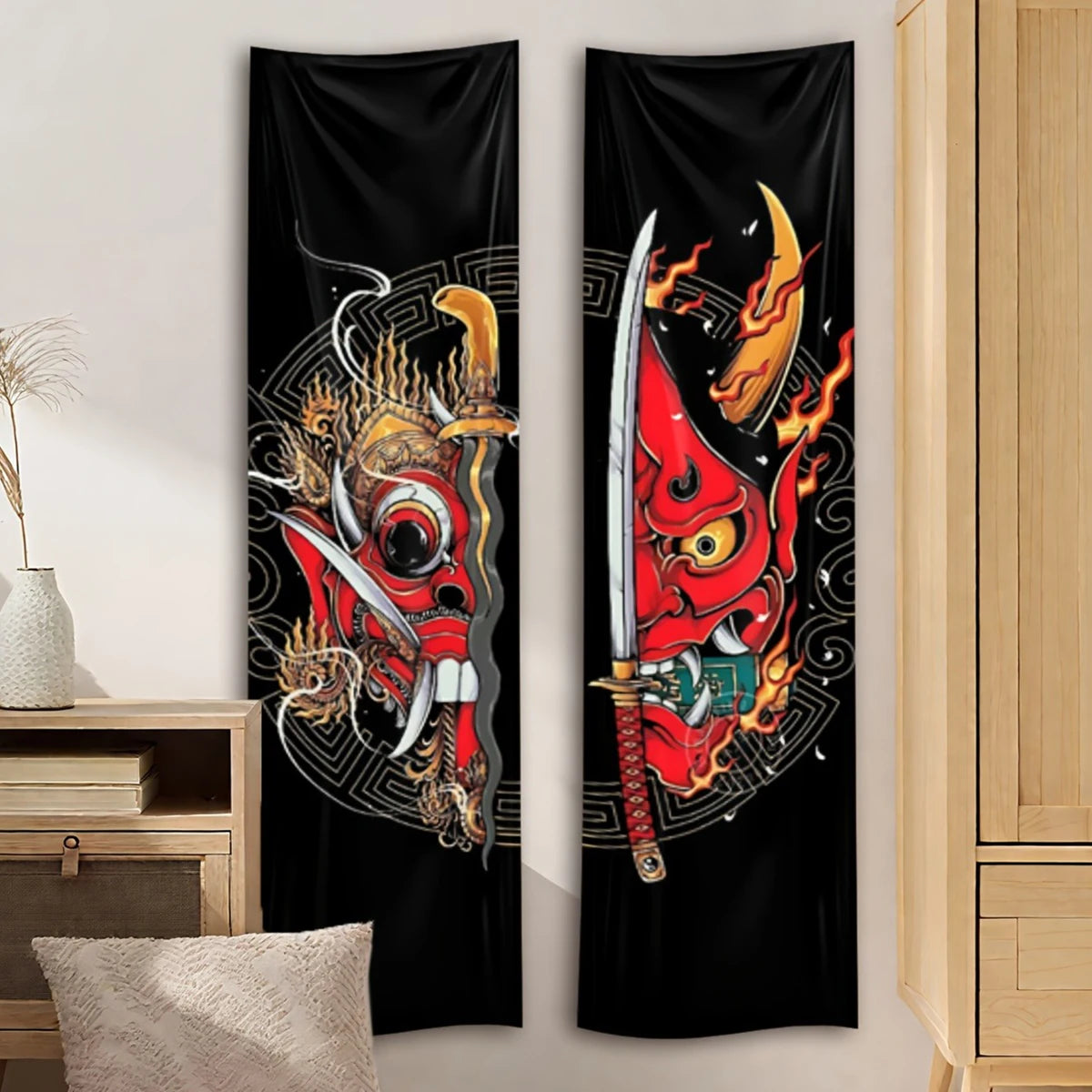 Vertical tapestry featuring a red and black Japanese Oni demon samurai sword design.