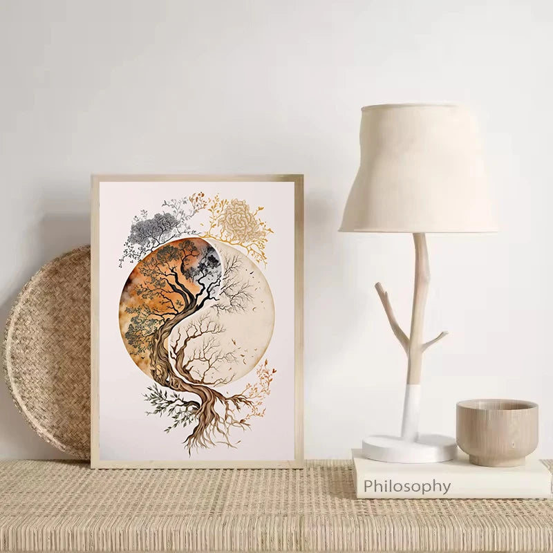 A framed canvas print depicting a tree of life merging with a Buddha silhouette in earthy tones against a white background.