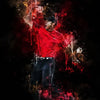 A dramatic, grunge-style portrait of Tiger Woods in a red shirt against a dark background.