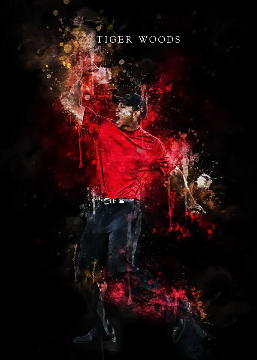 A dramatic, grunge-style portrait of Tiger Woods in a red shirt against a dark background.
