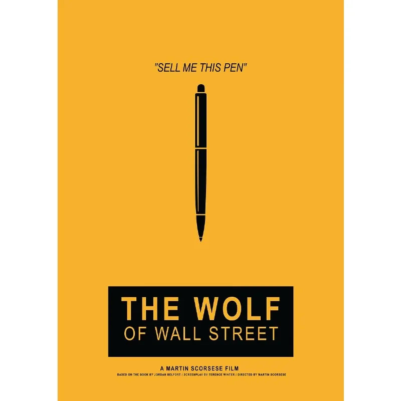 A yellow canvas print featuring a black pen silhouette and text about Martin Scorsese's film.
