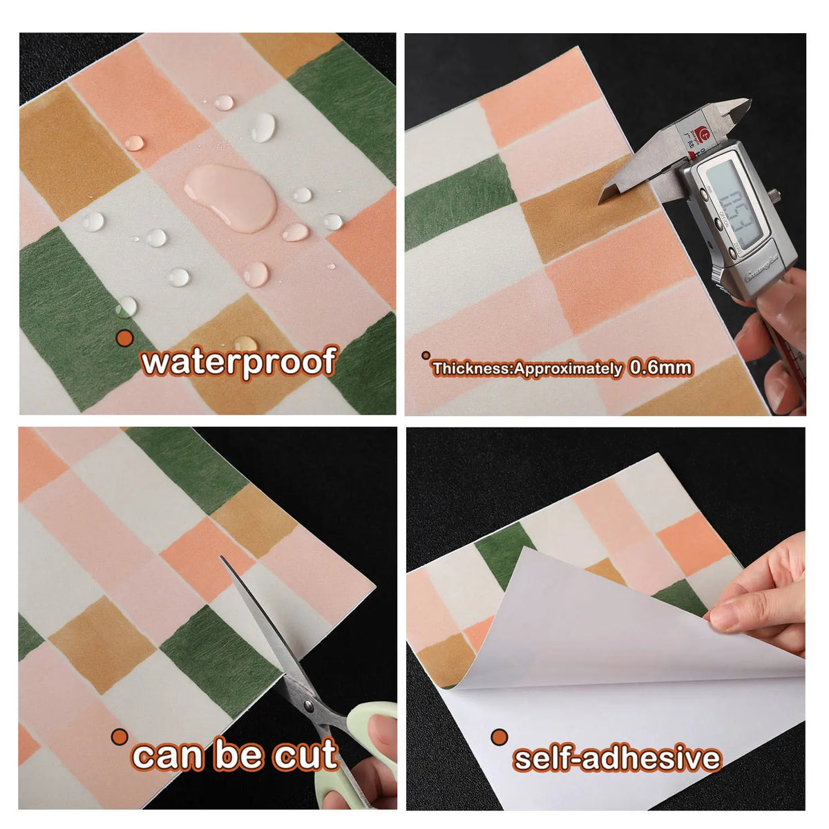 Pink and green peel-and-stick vinyl tile backsplash showing waterproof, cuttable, and self-adhesive features.