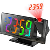 A digital projection alarm clock displaying 23:59 with red light beams.