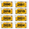 A set of vintage metal wall art signs displaying years 2000, 2001, 2018, 2019, 2020, 2021, 2025, and 2024 on yellow backgroun