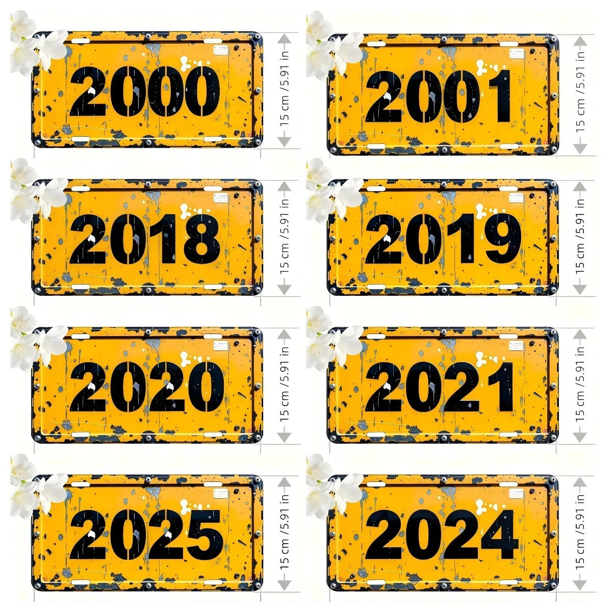 A set of vintage metal wall art signs displaying years 2000, 2001, 2018, 2019, 2020, 2021, 2025, and 2024 on yellow backgroun