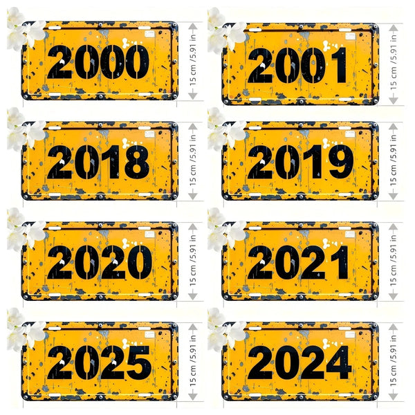 Ensemble de panneaux décoratifs en métal rustique affichant les années 2000, 2001, 2018, 2019, 2020, 2021, 2025 et 2024 sur f