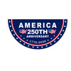 A dark blue banner with the text AMERICA 250TH ANNIVERSARY surrounded by stars and an American flag motif.