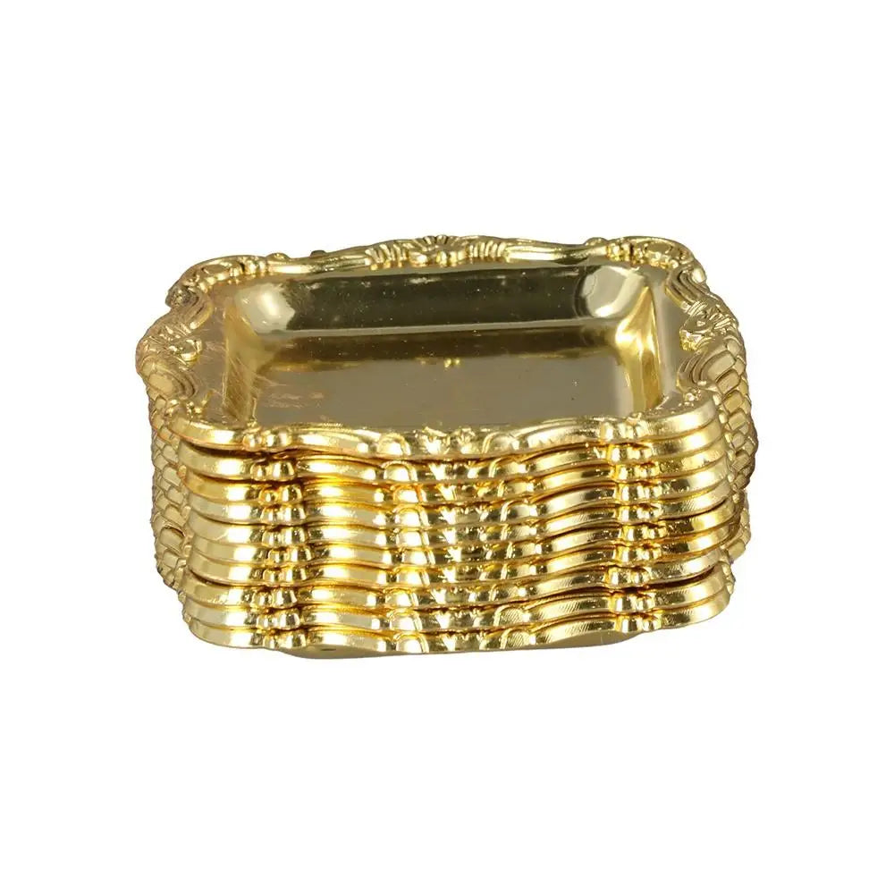 A stack of ten gold-colored mirror-finish mini trays for jewelry, snacks, and decor.