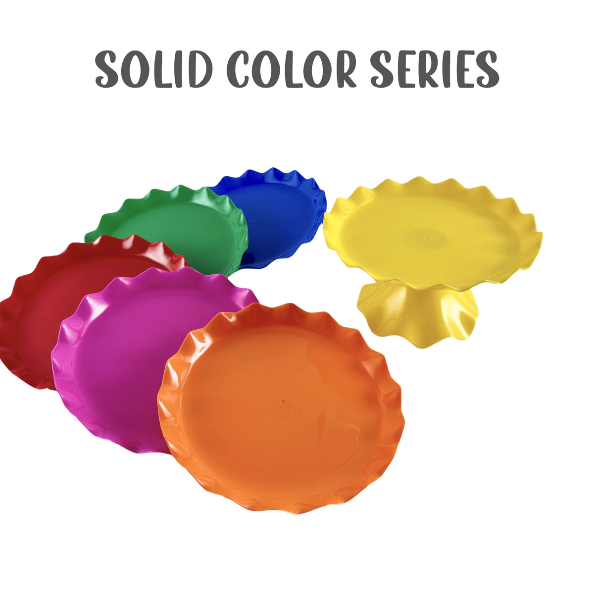 A collection of round plastic cake stands in solid colors including green, blue, yellow, and purple.