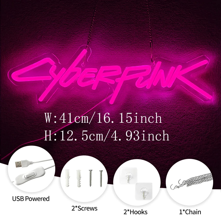 Neon pink cyberpunk sign with USB power, screws, hooks, and a chain for wall decor