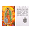 A white card featuring a religious image of the Virgin of Guadalupe and a prayer in Spanish.