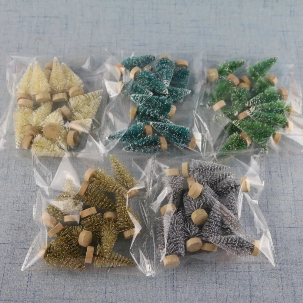 Set of 12 Snow-Flocked Mini Christmas Trees with Wooden Bases