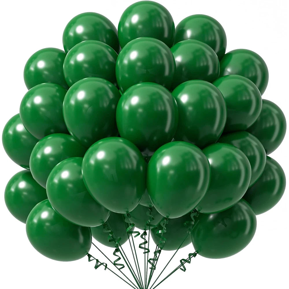 A bunch of assorted green latex party balloons tied together with strings.
