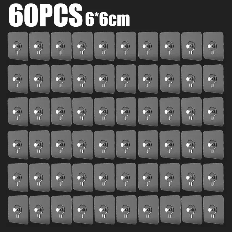 A grid of 60 transparent self-adhesive wall hooks measuring 6x6 cm.