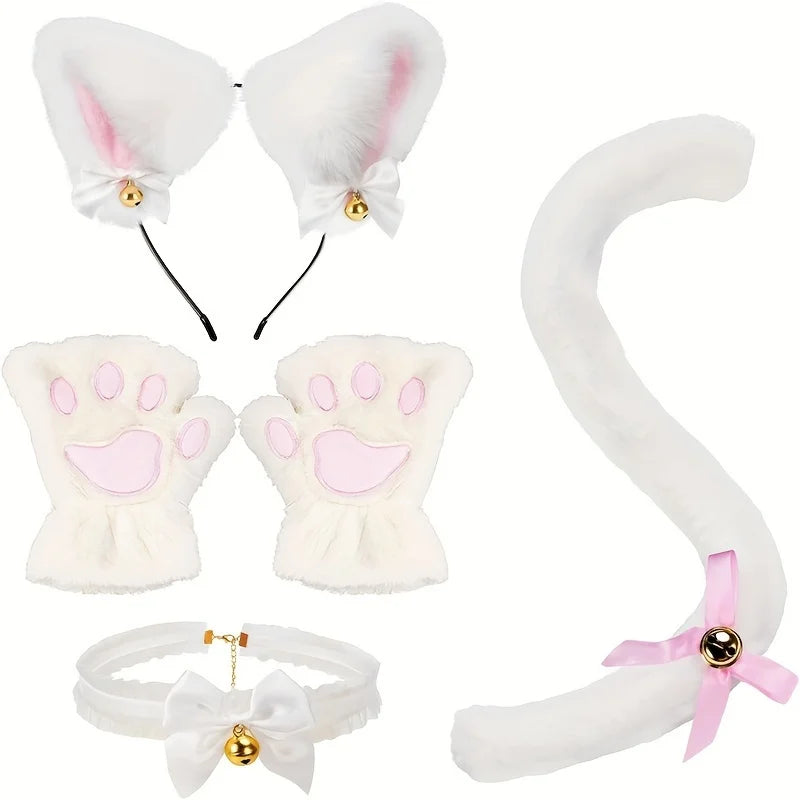 White cartoon cat paw gloves and a matching decorative headband