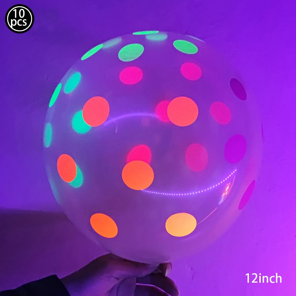 A close-up of a translucent latex balloon filled with neon glow-in-the-dark dots against a purple background.