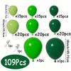 A set of green balloons and accessories, including various sizes and quantities, for a balloon garland arch kit.