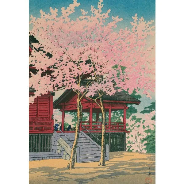 Ukiyo-e anime city street canvas wall art featuring a pink cherry tree and traditional Japanese architecture.