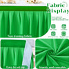 Green pleated polyester table skirt fabric display showing various uses and features