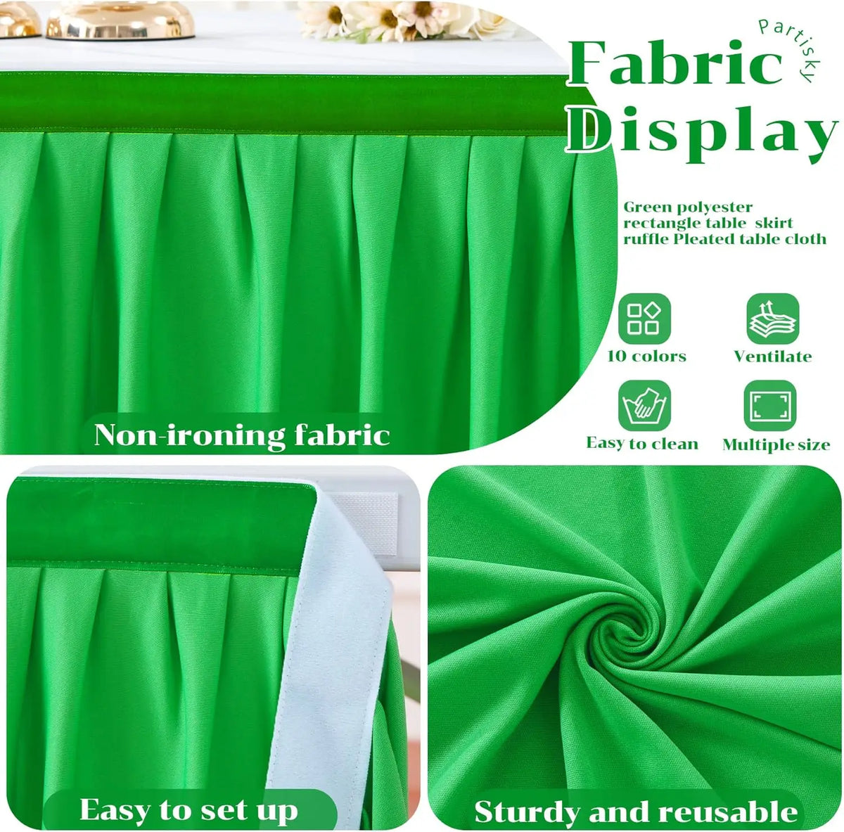 Green pleated polyester table skirt fabric display showing various uses and features
