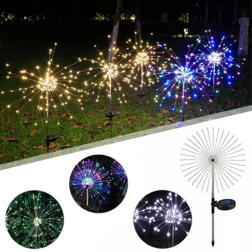 Collection de feux d'artifice LED solaires, incluant des pétards, des fontaines et un spectacle en forme de ventilateur.
