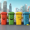 A set of five funny cartoon-faced trash cans in orange, green, yellow, and blue.