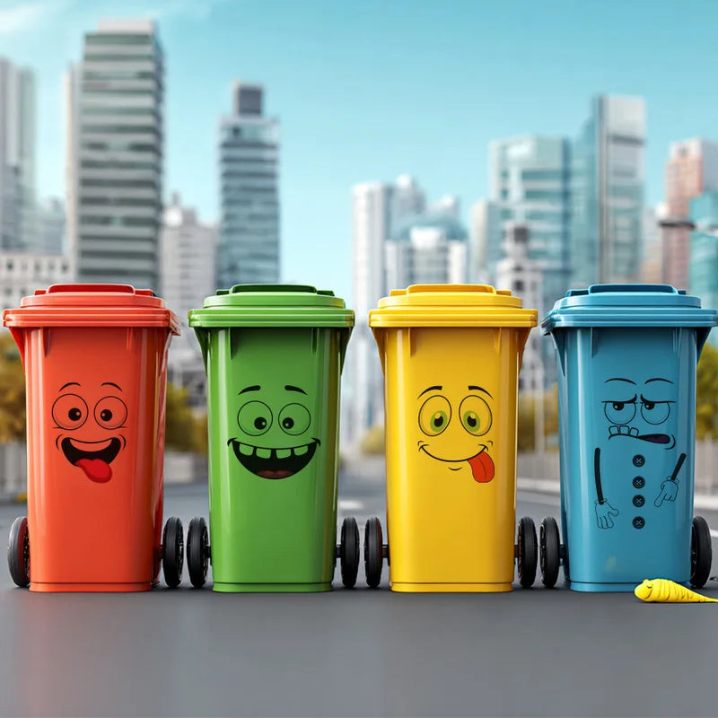 A set of five funny cartoon-faced trash cans in orange, green, yellow, and blue.