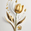 Arte de rama floral dorada y blanca con un tulipán y delicados tallos sobre fondo blanco
