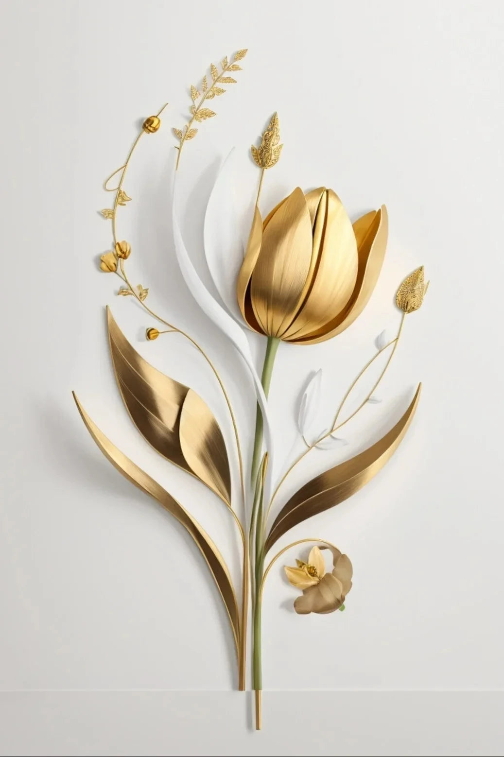 Arte de rama floral dorada y blanca con un tulipán y delicados tallos sobre fondo blanco