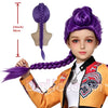 Purple long braid wig with side ponytail worn by a doll for cosplay or parties