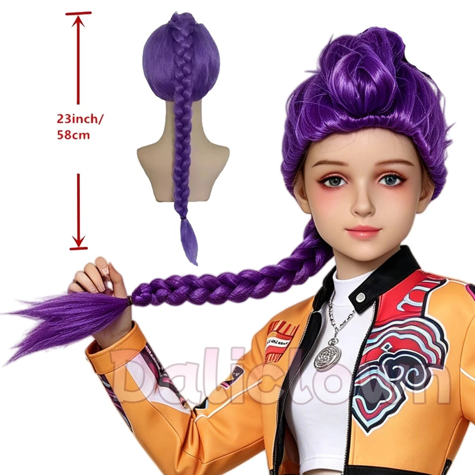 Purple long braid wig with side ponytail worn by a doll for cosplay or parties