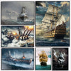 A collage of four paintings depicting historical battleships and naval scenes.