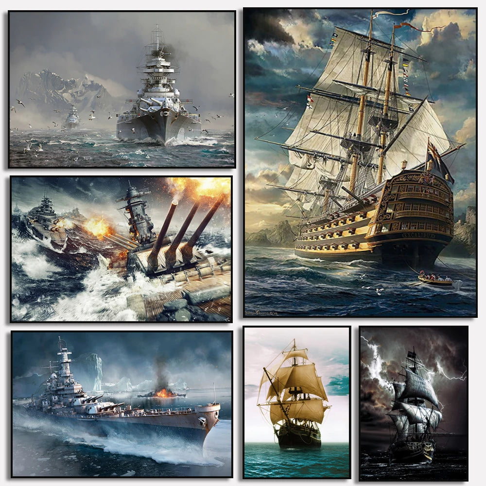 A collage of four paintings depicting historical battleships and naval scenes.