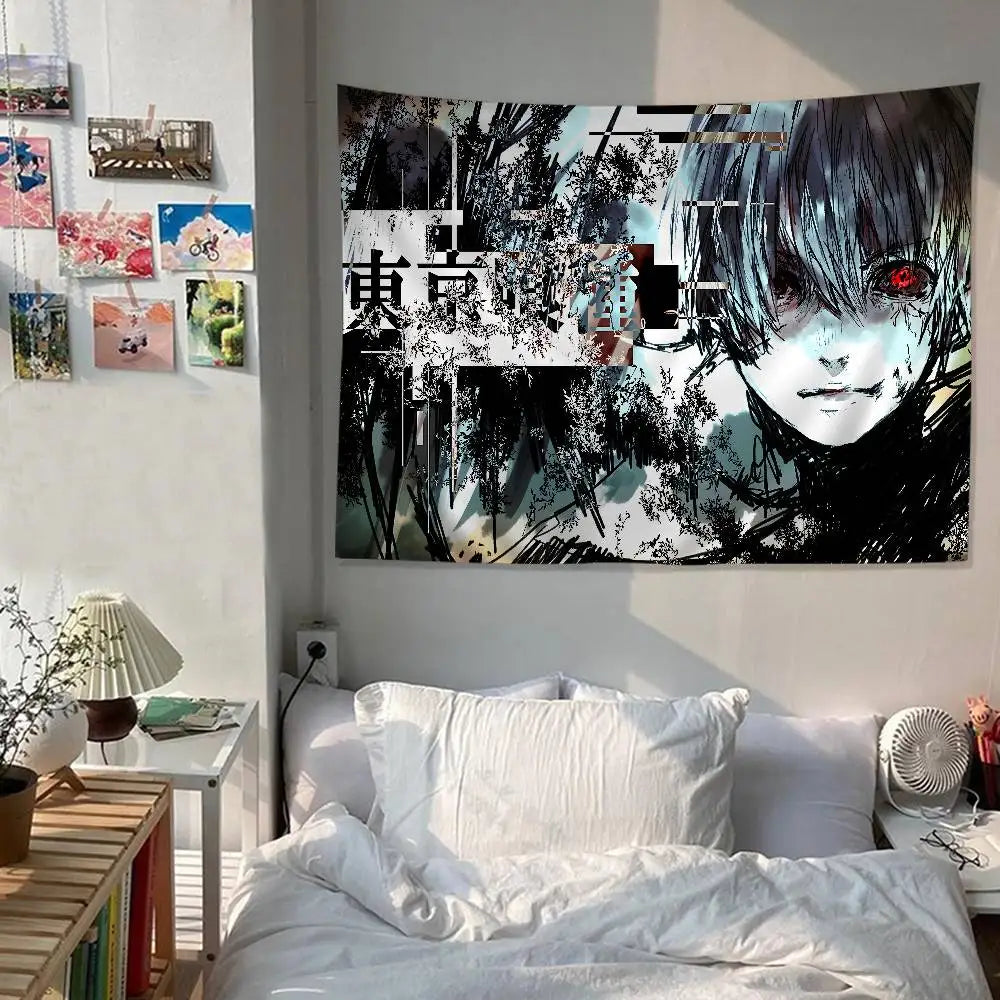 A large tapestry featuring a dark, stylized anime character with intense eyes and foliage patterns.