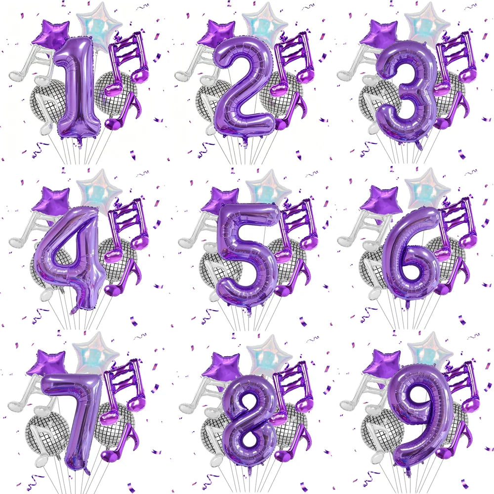 A set of purple musical number balloons from one to nine.