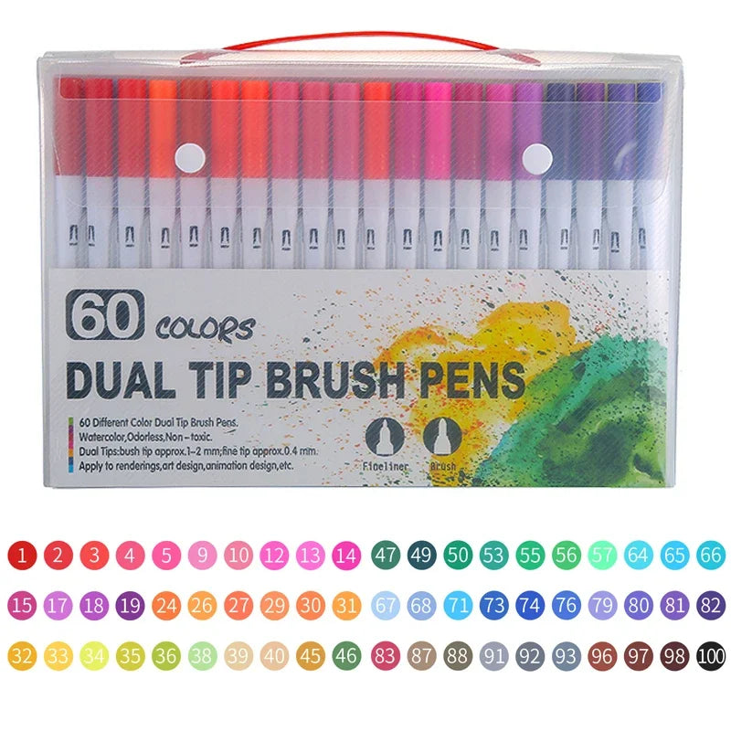 A clear plastic case containing 60 dual-tip brush pens in various colors and shades.