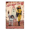 Vintage rusty cola metal wall sign featuring a woman in a yellow spacesuit holding a monkey astronaut.