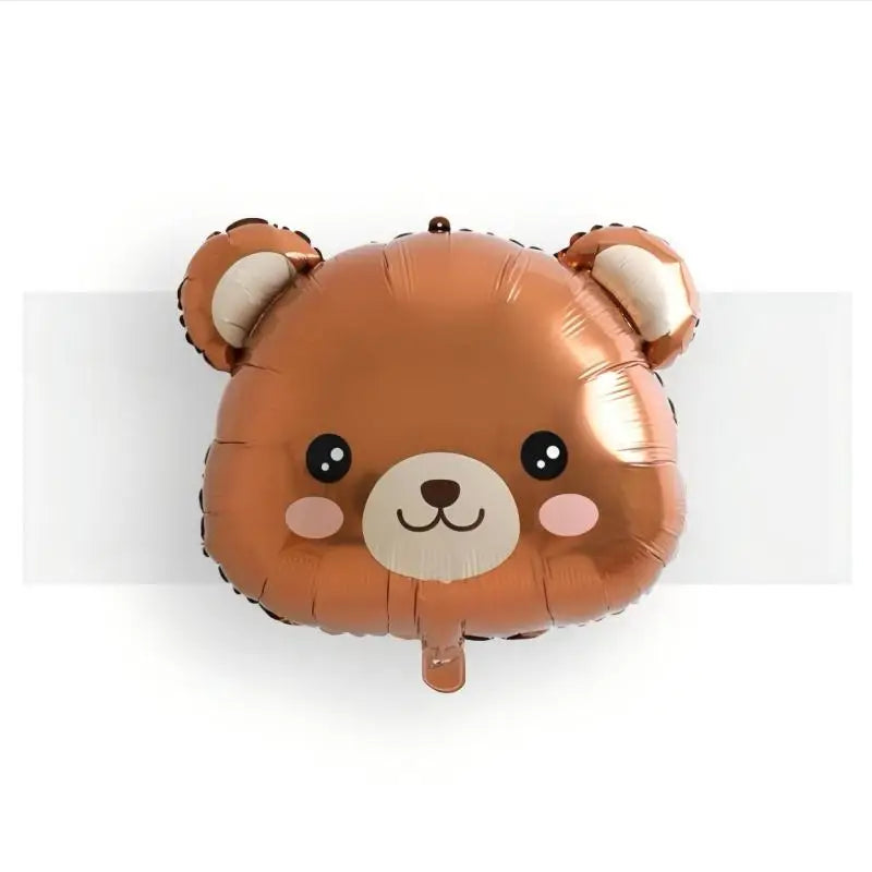 A brown inflatable bear decoration for jungle safari birthday decor.