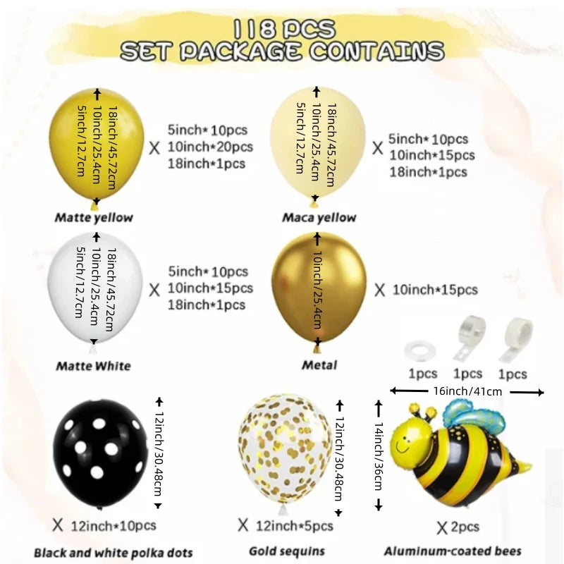 A set of 118 pieces of bee-themed balloons in matte yellow, matte white, maca yellow, metal, and gold sequins.