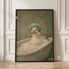 A painting of a white duck in a bathtub with a brass faucet, framed on a canvas.