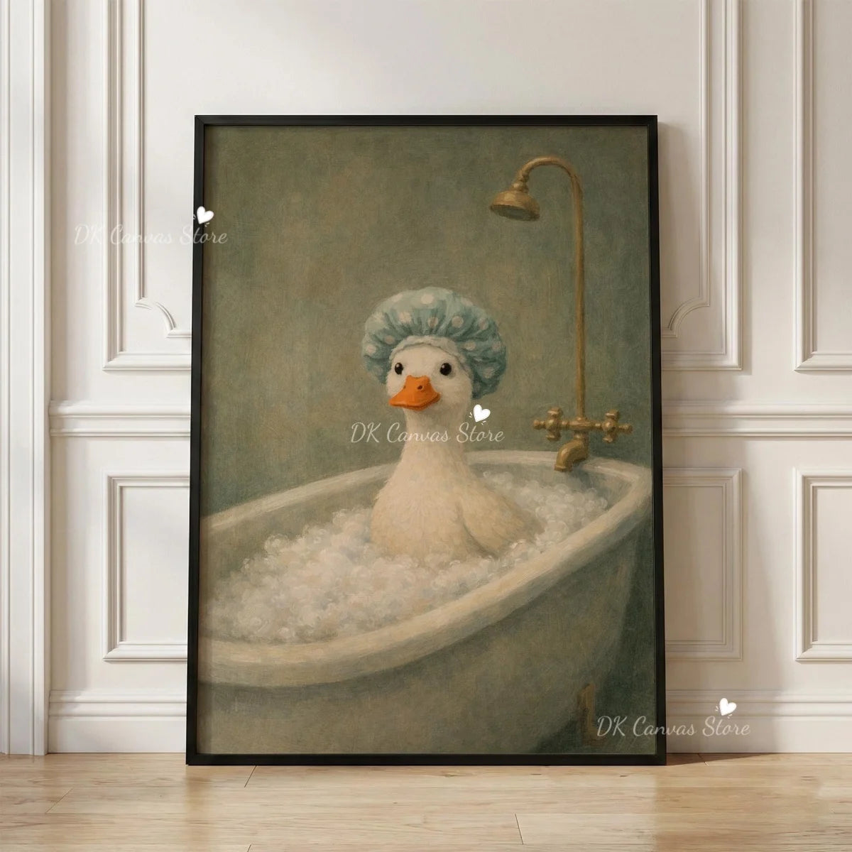 A painting of a white duck in a bathtub with a brass faucet, framed on a canvas.