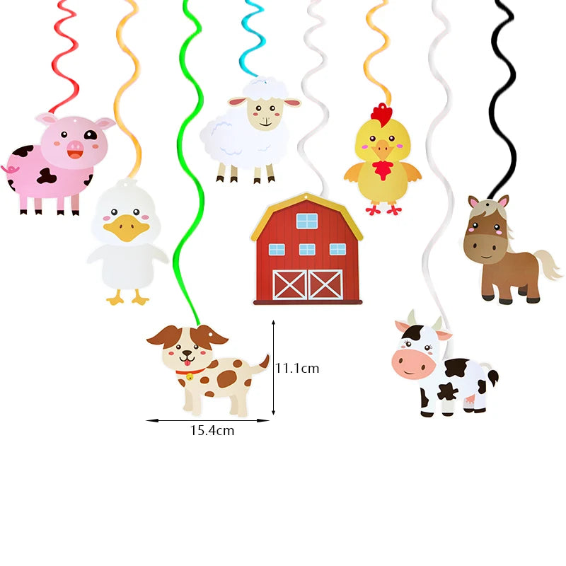 A colorful farm animal decoration kit featuring various animals, a barn, and strings for a birthday party backdrop.