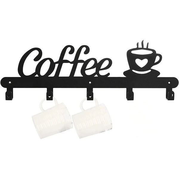 Black wall-mounted coffee mug rack with heart hooks for holding mugs