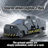 A dark gray Storm Interceptor Titus armored vehicle model with yellow hazard stripes.