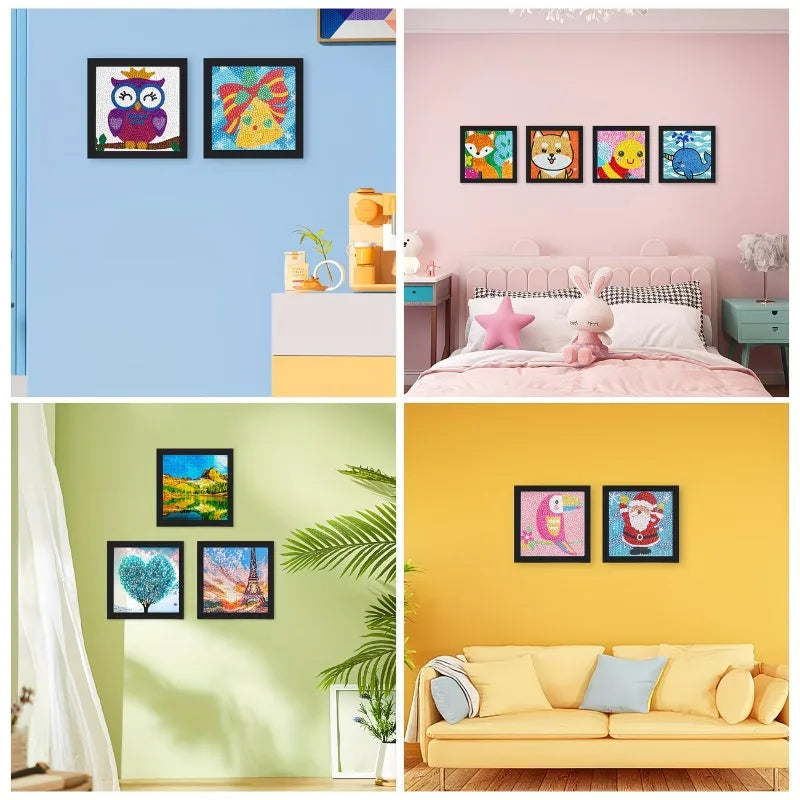 A collection of magnetic diamond painting frames featuring various colorful art pieces displayed on a pink wall and a yellow 