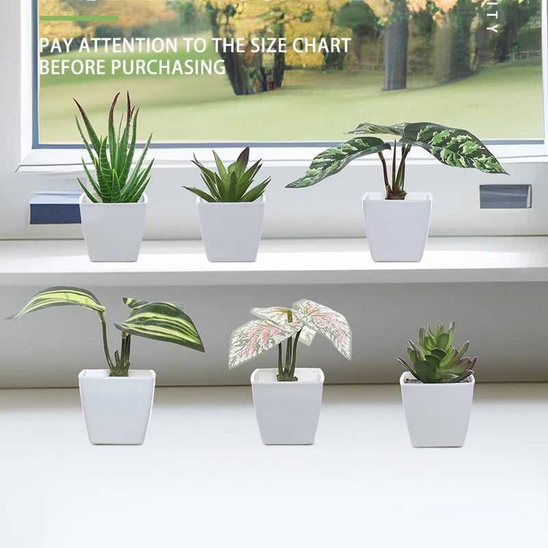 A display of six potted artificial flower bonsai plants in white pots on a shelf.