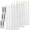 A set of white flameless LED taper candles with matching remote timers displayed in a row.